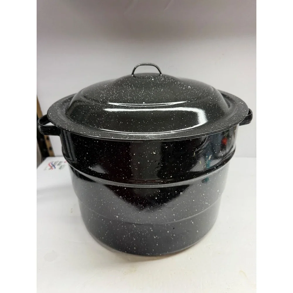 Granite Ware Black Speckled Enamel Canning Pot with Lid and Jar Rack Stockpot